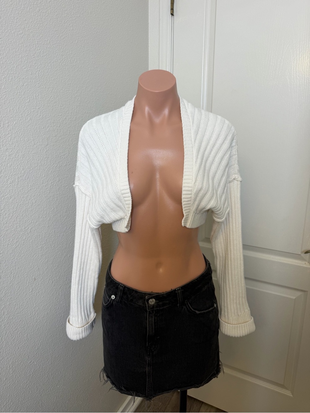 Urban Outfitters Cream Ribbed Cropped Open-Front Cardigan